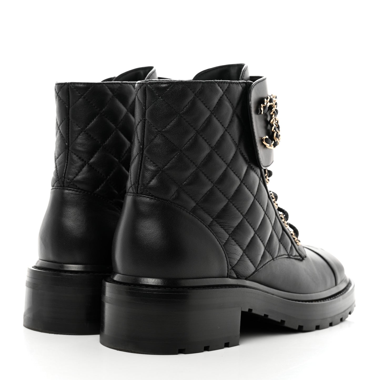 Shiny Calfskin Quilted Lace Up Combat Boots 39 Black