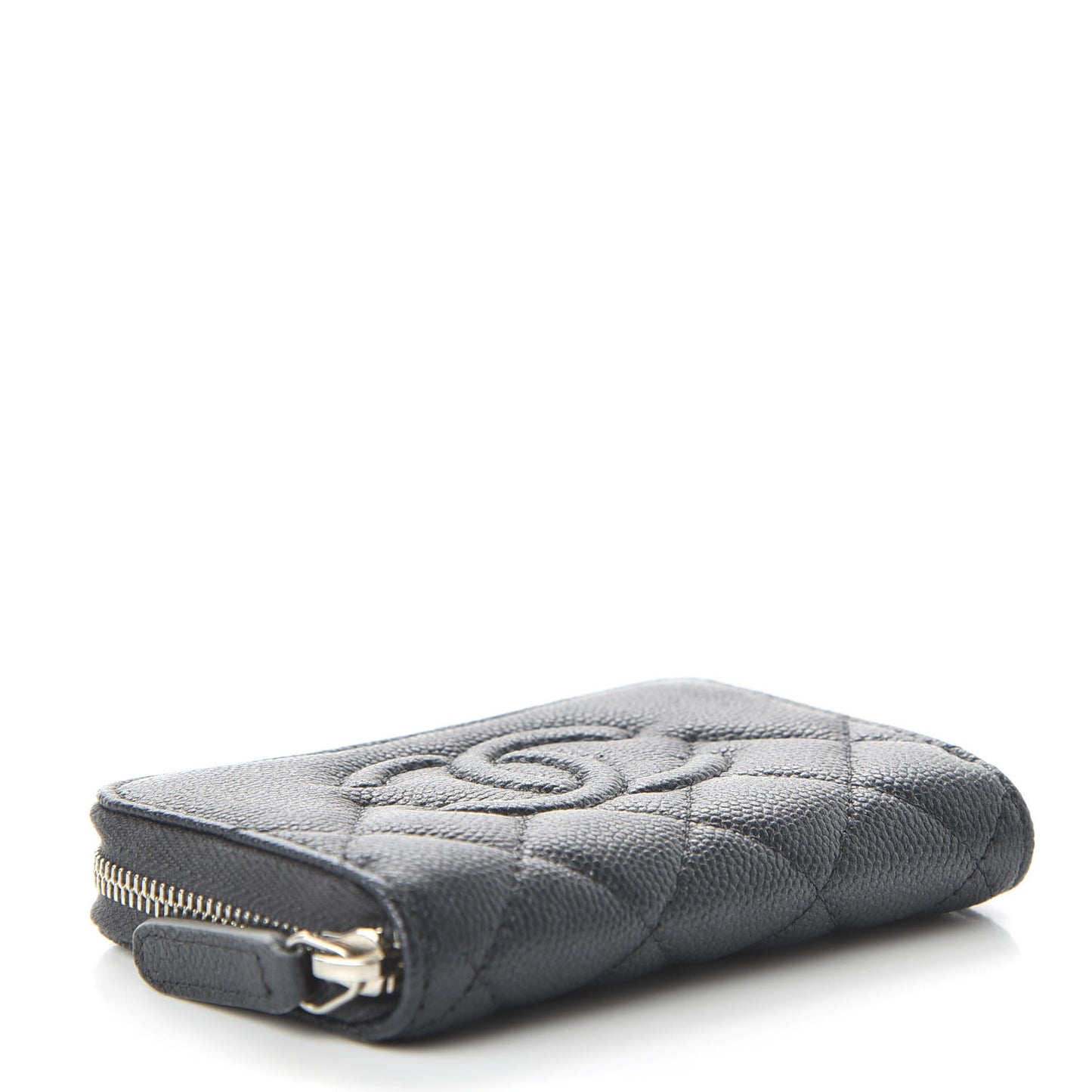 Metallic Caviar Quilted CC Zip Around Coin Purse Wallet Dark Grey
