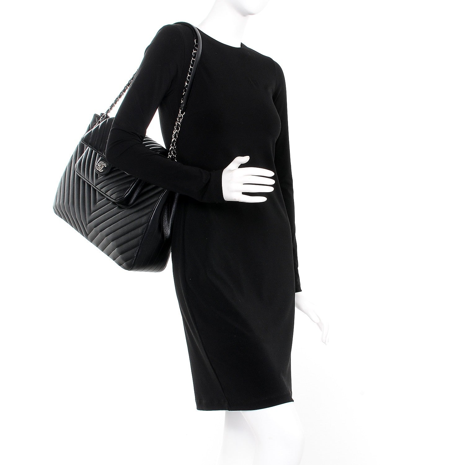 Chanel Caviar Chevron Quilted Flap Tote Black 2 of 7
