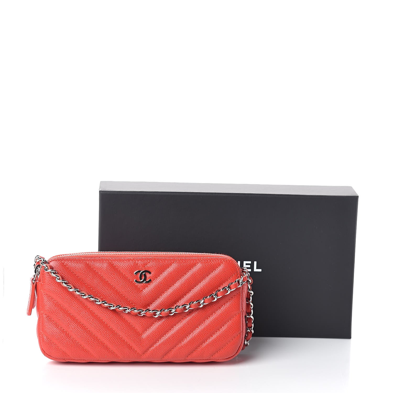 Chanel Caviar Chevron Quilted Small Clutch With Chain Red 10 of 10