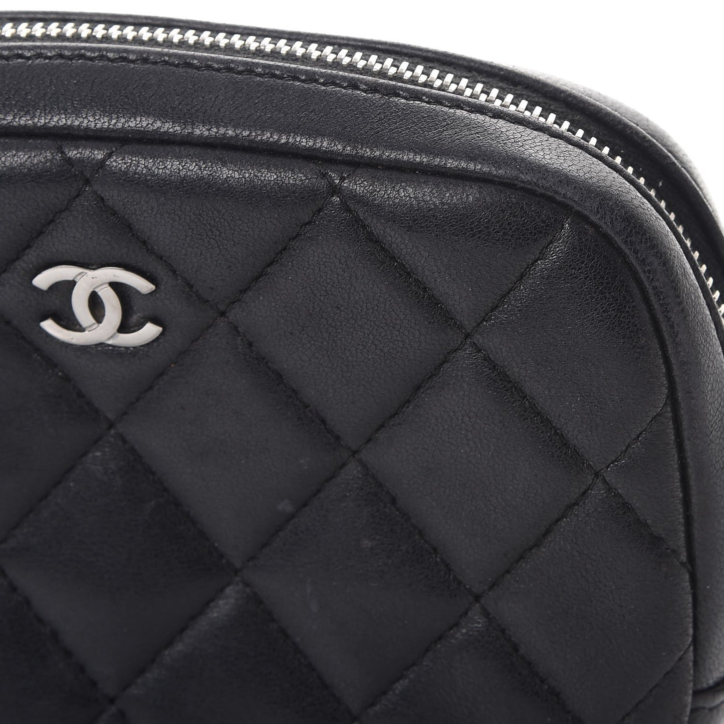 Lambskin Quilted Small Curvy Pouch Cosmetic Case Black