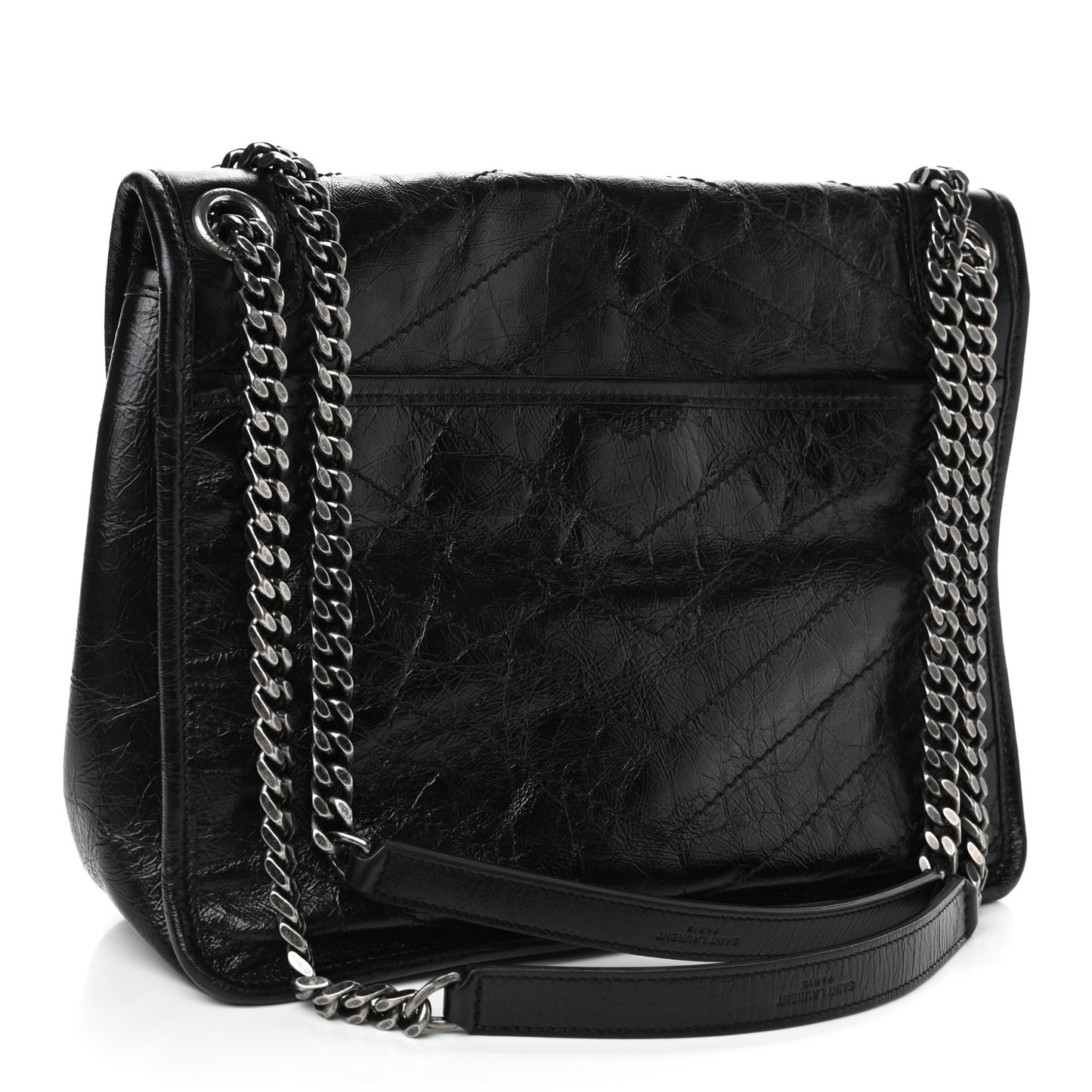 Crinkled Calfskin Matelasse Monogram Medium Niki Chain Satchel Black