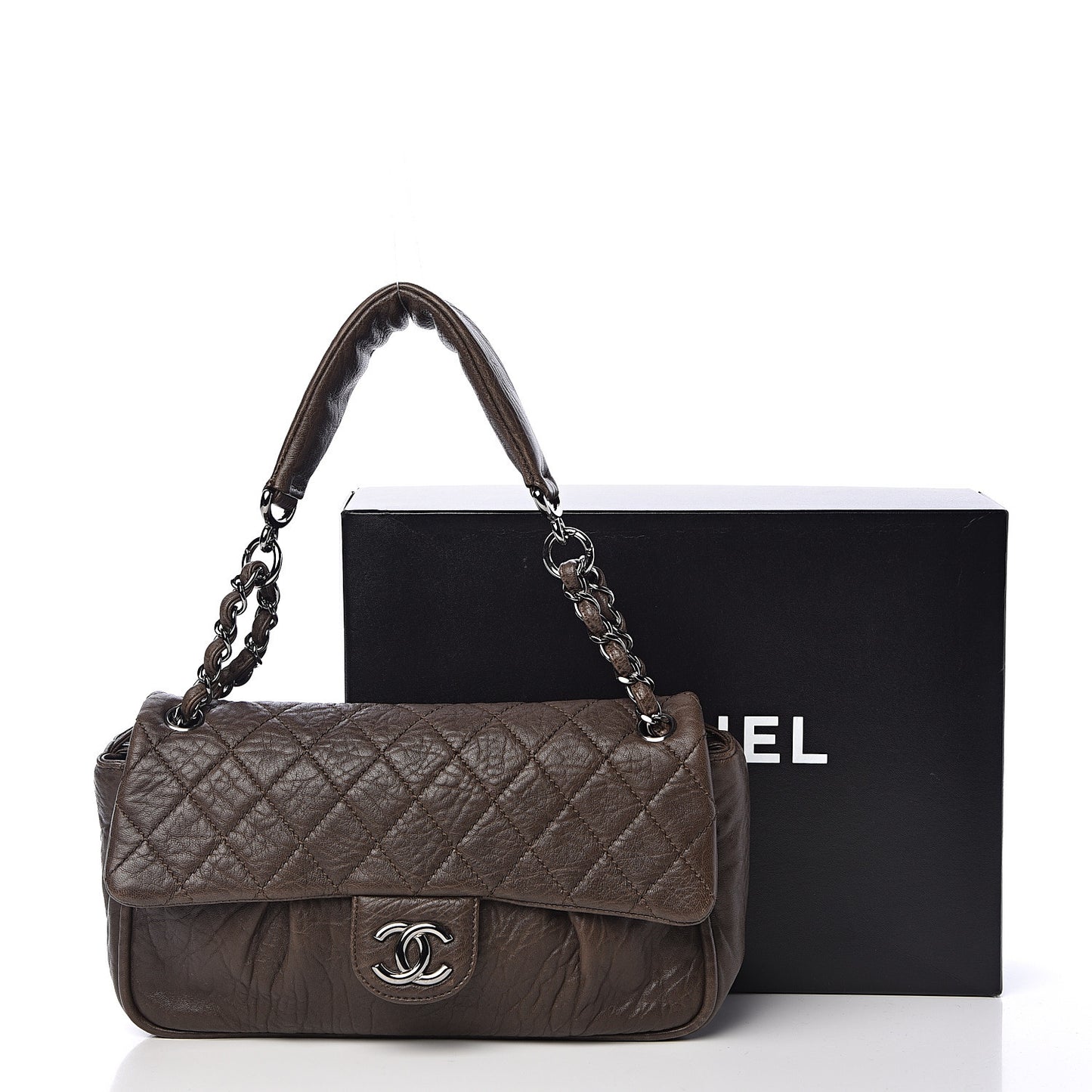 Distressed Lambskin Lady Braid Flap Brown