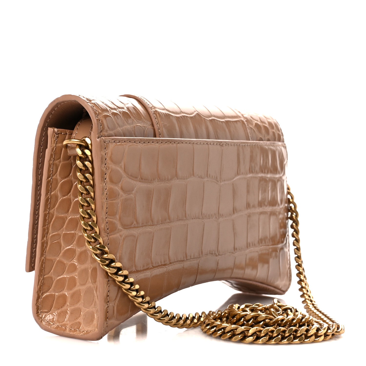 Balenciaga Shiny Calfskin Crocodile Embossed Hourglass Chain Bag Nude Beige 3 of 11