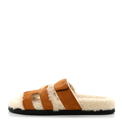 Hermes Suede Goatskin Woolskin Womens Chypre Sandals 37.5 Brun Fume Ecru 1 of 9