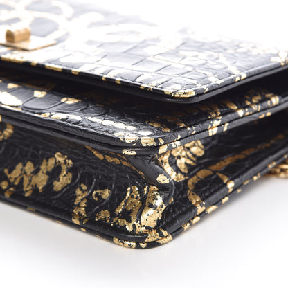 Chanel Calfskin Crocodile Embossed Graffiti 2.55 Cocodile Reissue Wallet On Chain WOC Black Gold 6 of 11
