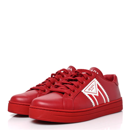 Prada Vitello Soft Triangle Logo Womens Low Top Sneakers 37.5 Rosso White 3 of 8