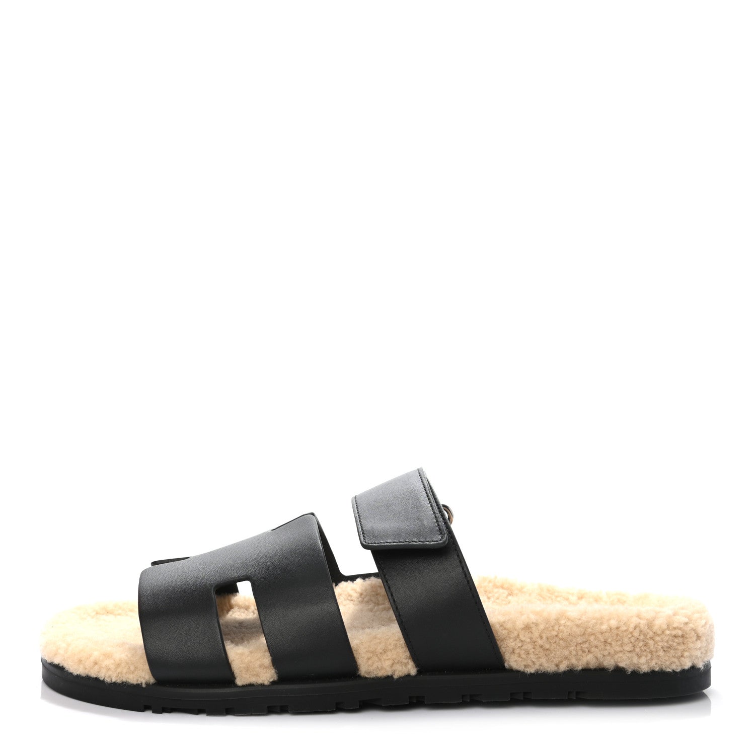 Hermes Veau Indios Woolskin Mens Chypre Sandals 42 Black Ecru 1 of 8