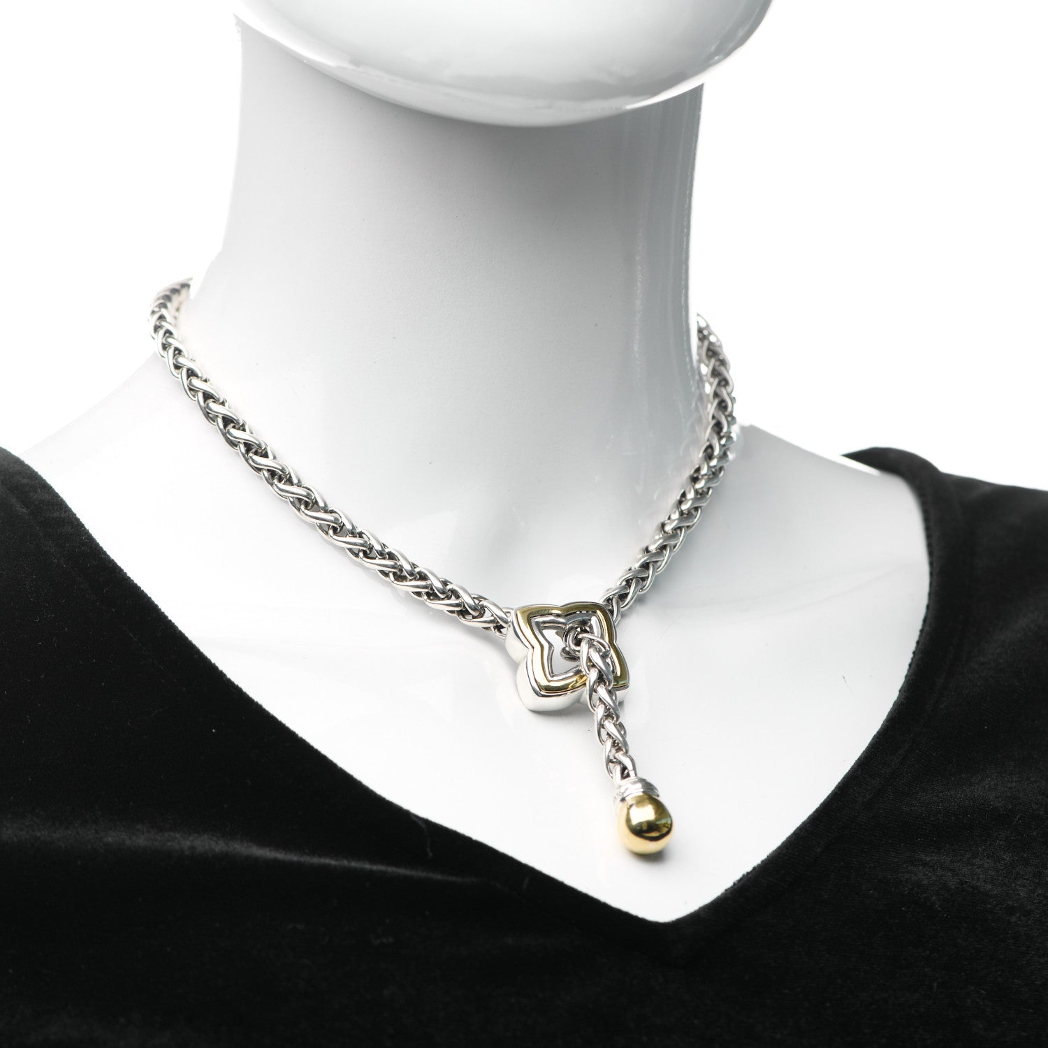 David Yurman Sterling Silver 18K Yellow Gold Quatrefoil Lariat Wheat Chain Necklace 2 of 4