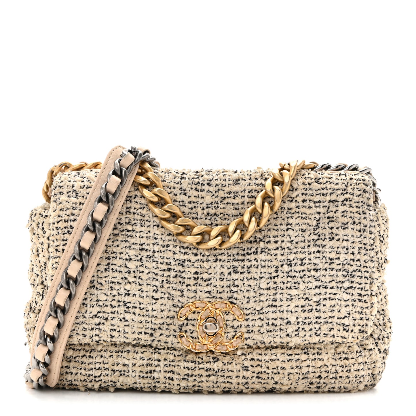 Tweed Quilted Medium Chanel 19 Flap Ecru Black
