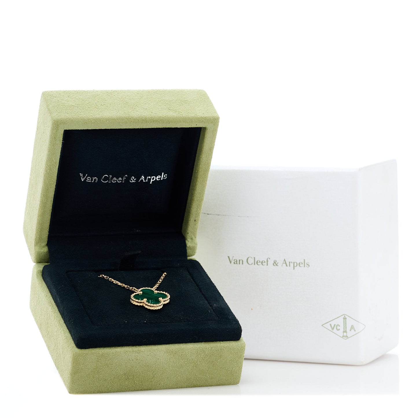 18K Yellow Gold Malachite Vintage Alhambra Pendant Necklace