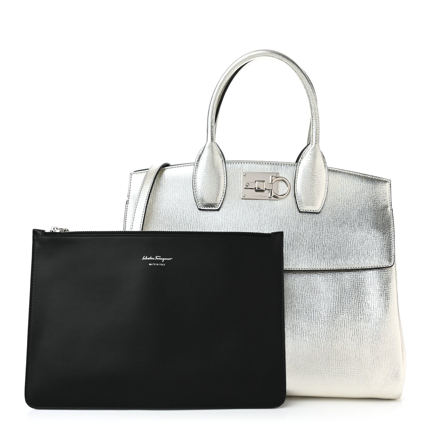 Metallic Hammered Calfskin Studio Top Handle Bag Silver