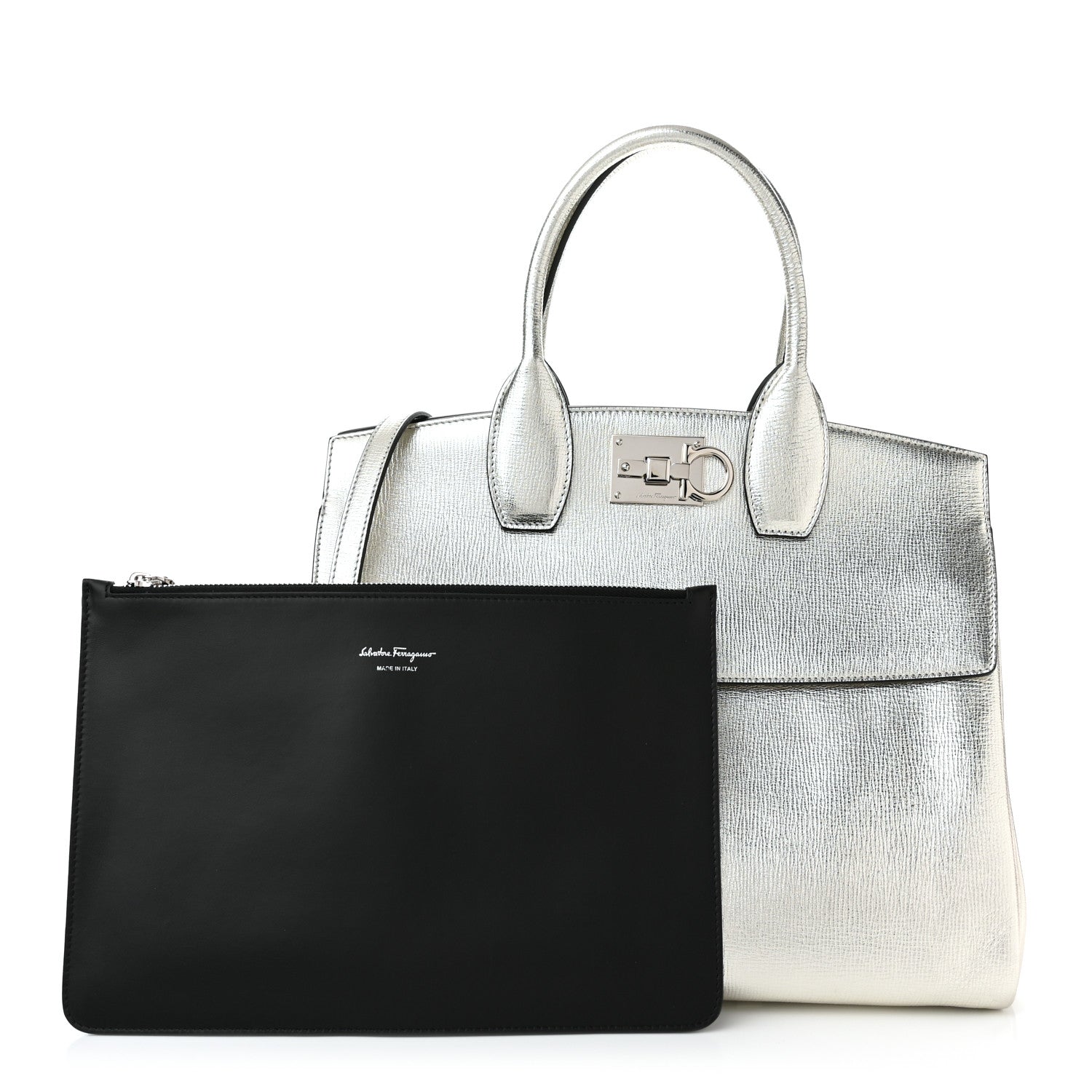 Salvatore Ferragamo Metallic Hammered Calfskin Studio Top Handle Bag Silver 1 of 11