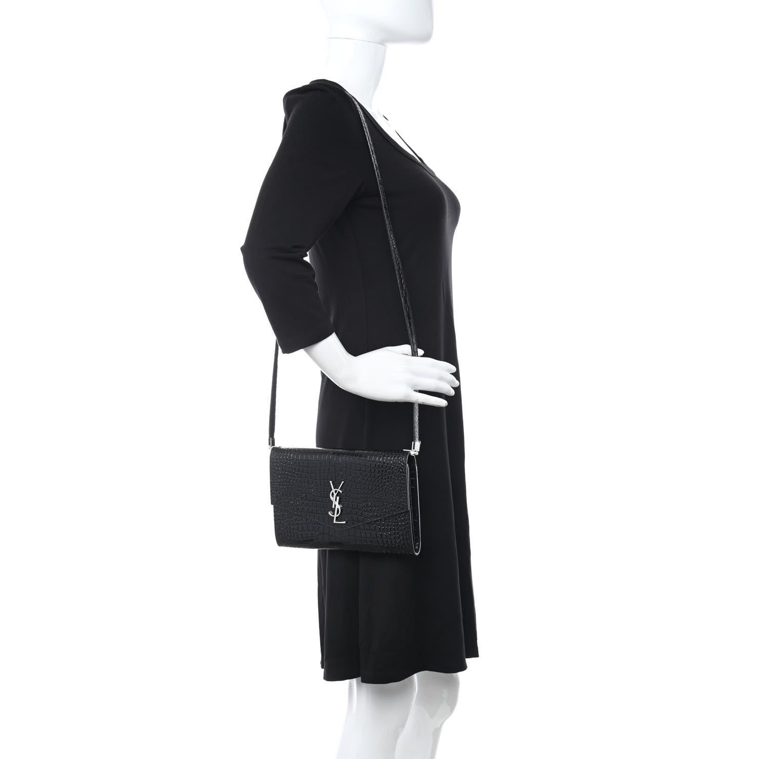 Saint Laurent Calfskin Crocodile Embossed Monogram Mini Uptown Crossbody Black 2 of 14