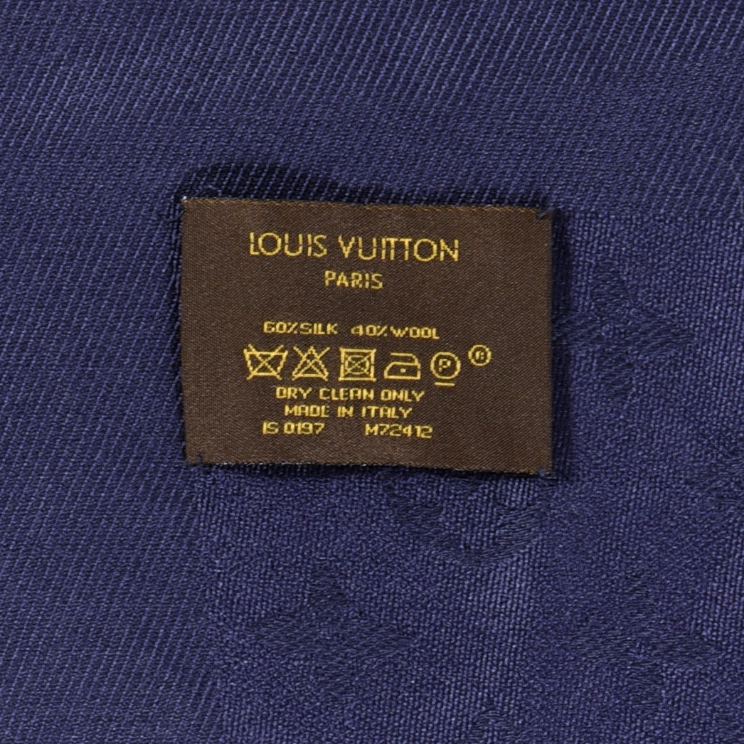 Silk Wool Monogram Shawl Night Blue