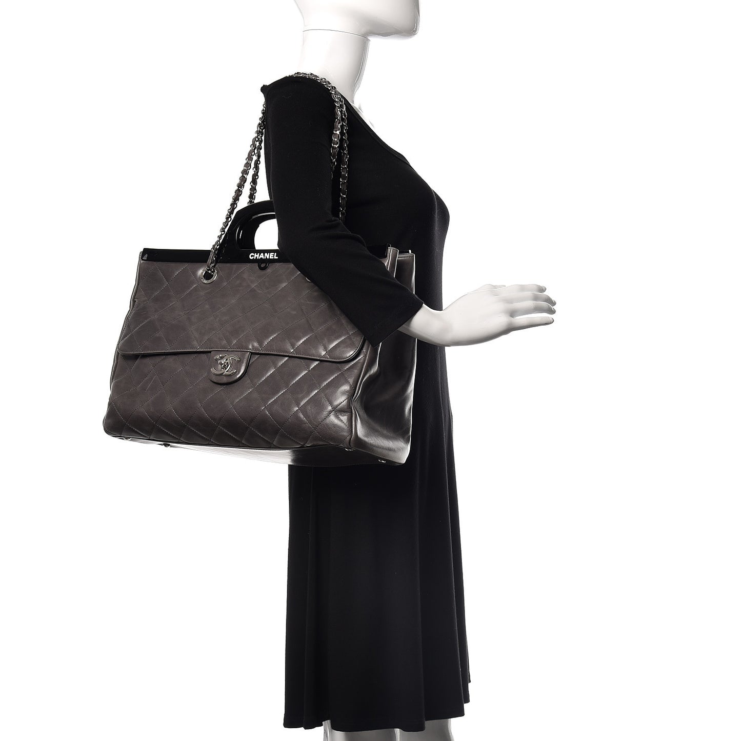 Glazed Calfskin Quilted Large CC Delivery Tote Grey