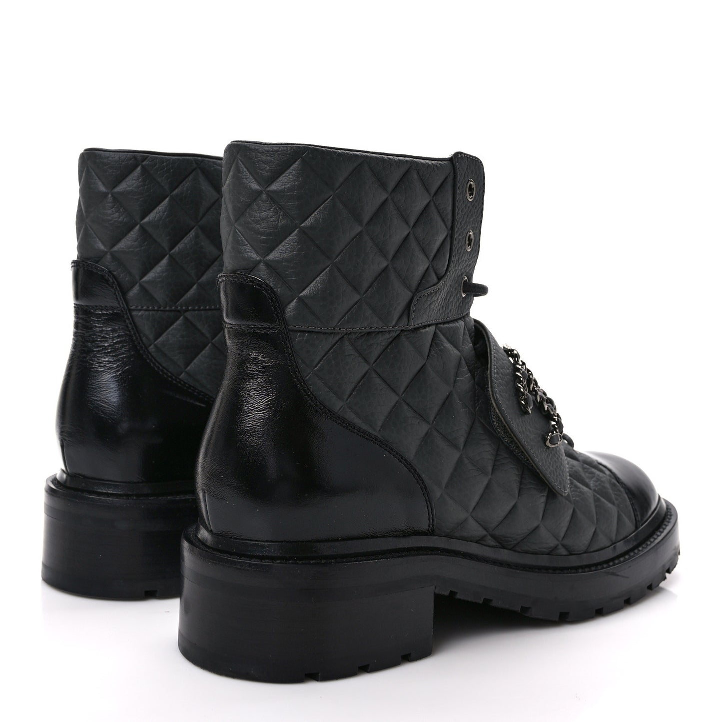 Calfskin Shiny Calfskin Quilted Lace Up Combat Boots 40.5 Dark Grey Black