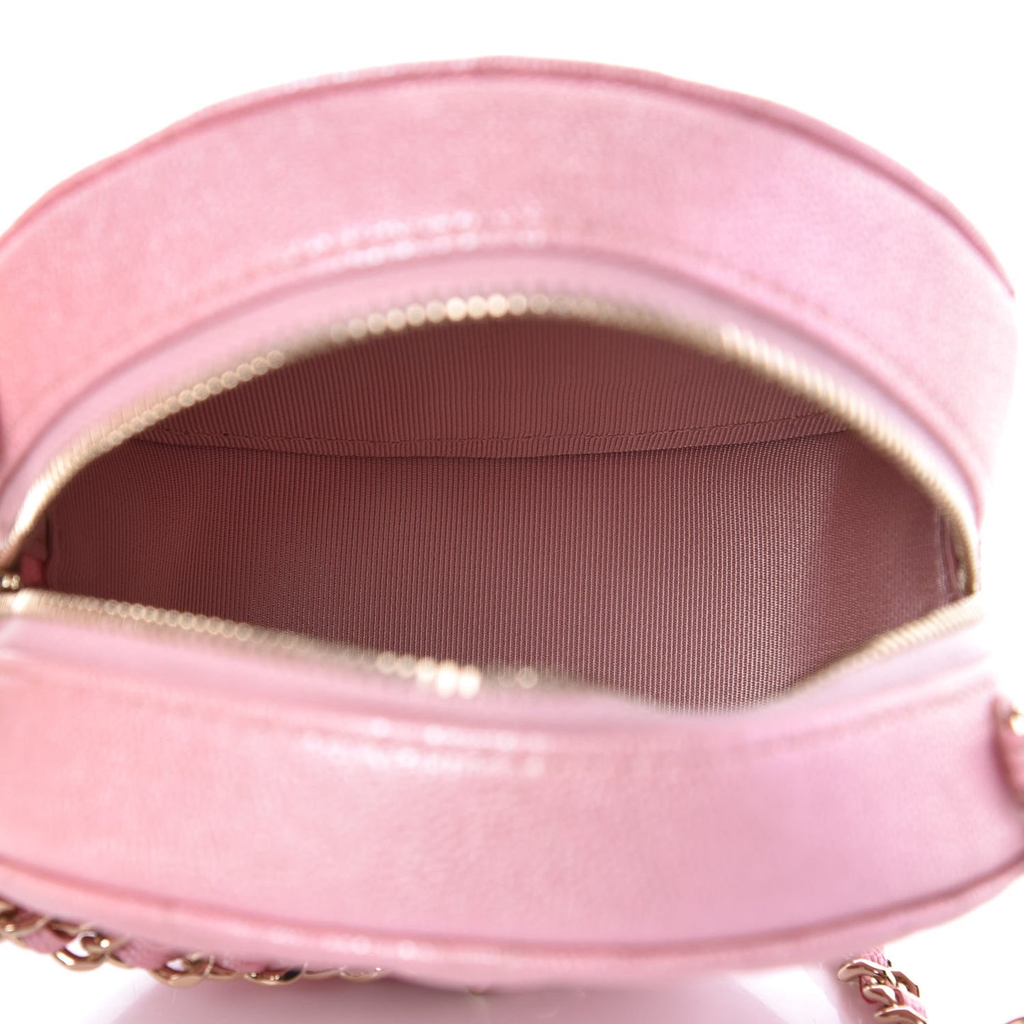 Iridescent Caviar Quilted Round Clutch With Chain Pink