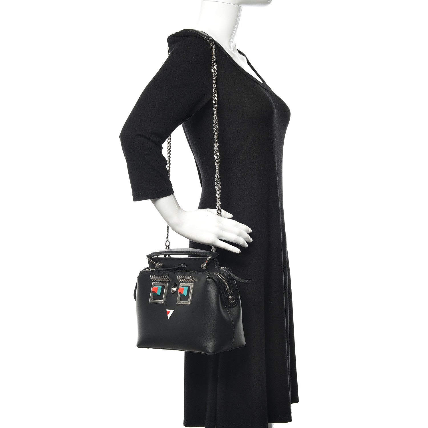 Fendi Vitello Baltico Hypnoteyes Studded Small Dotcom Click Chain Satchel Black 2 of 11