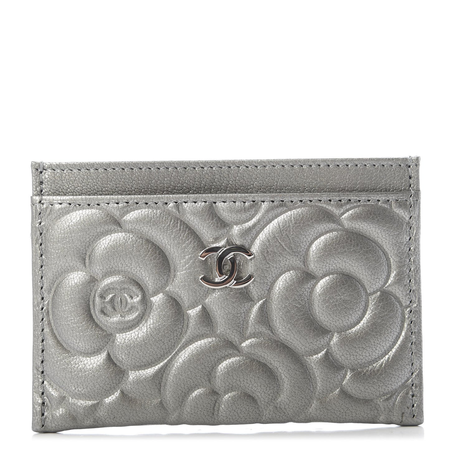 Goatskin Camellia Embossed Card Holder Grey