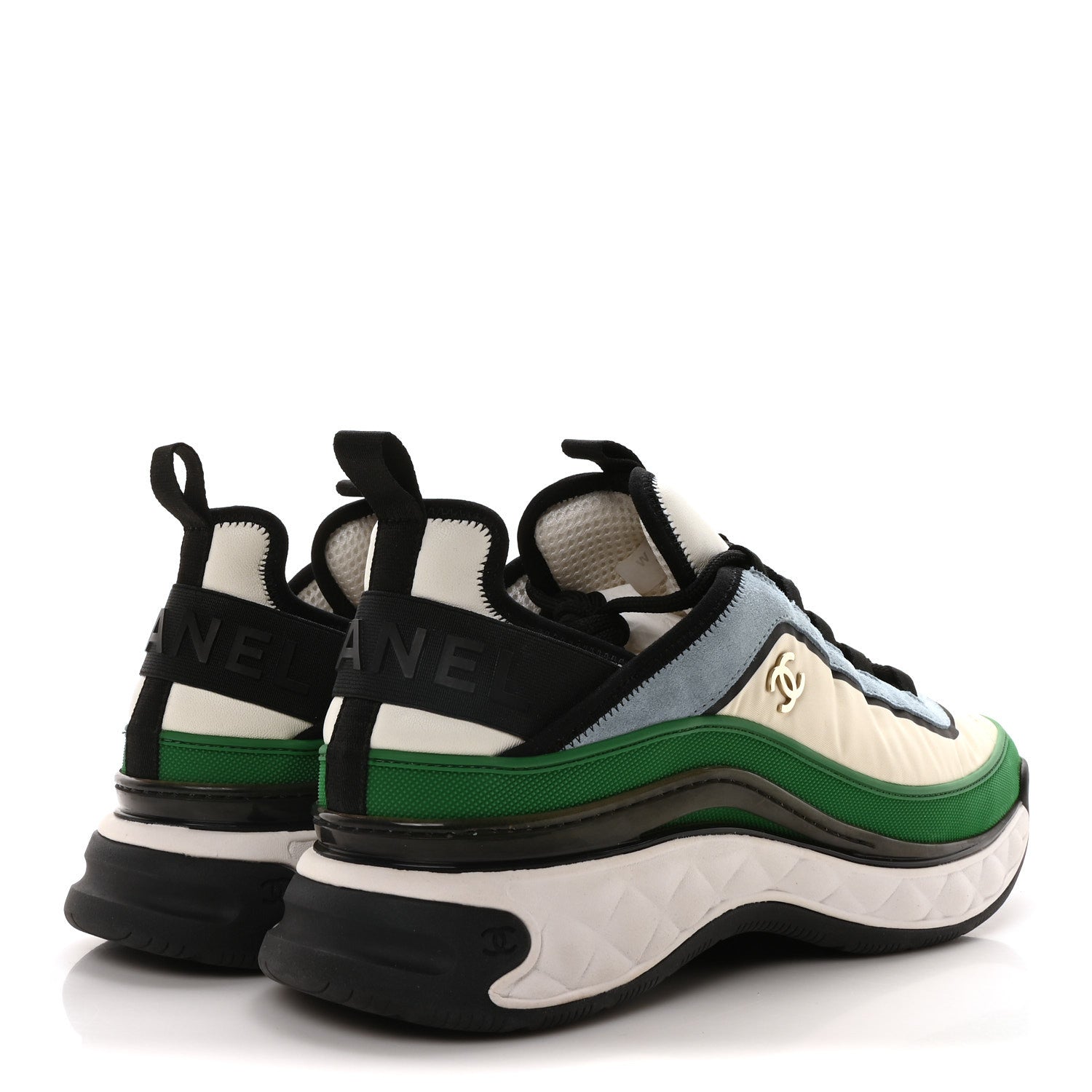 Chanel Suede Calfskin Mixed Fibers CC Sneakers 44 Ivory Green Light Blue 5 of 9