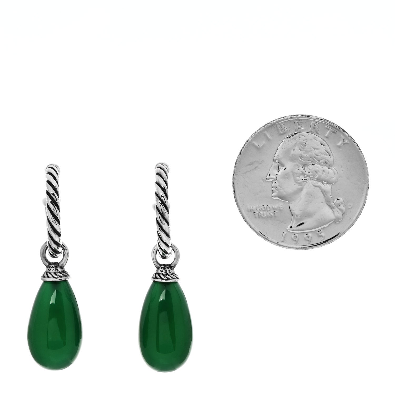 David Yurman Sterling Silver Green Onyx Hoop Drop Earrings 2 of 5