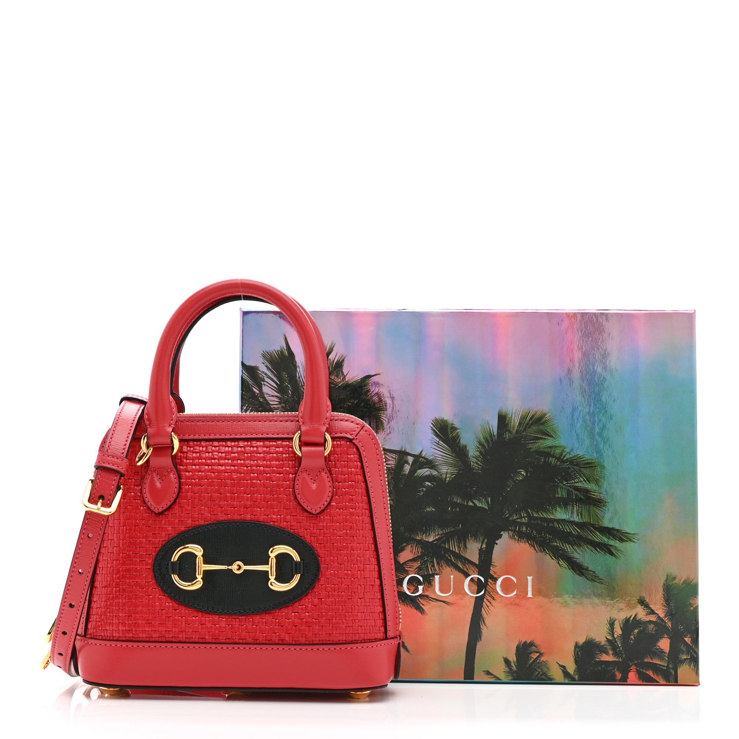 Gucci Straw Azalea Calfskin Woven Mini Horsebit 1955 Top Handle Bag Coral Wave Black 12 of 12