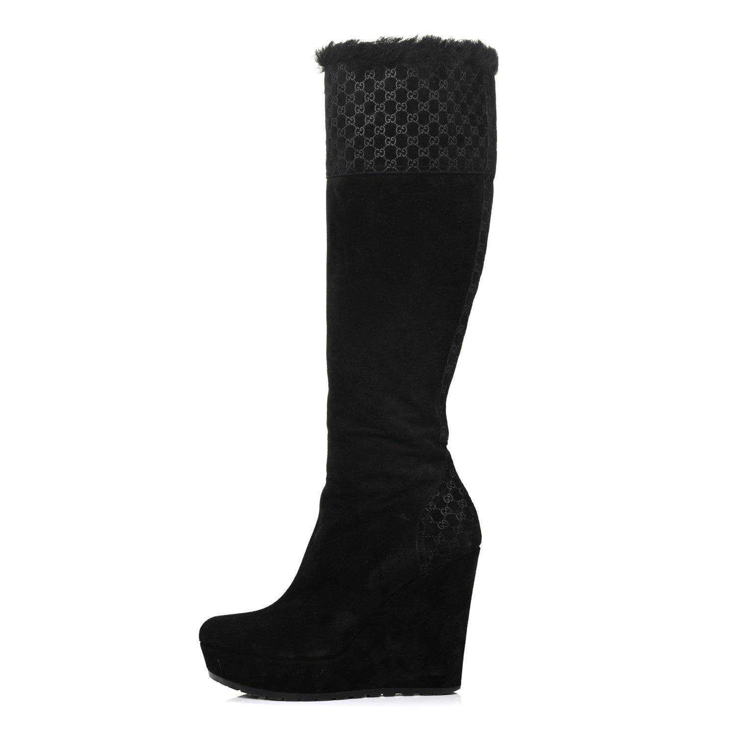 Gucci Suede Shearling Fur Microguccissima Courtney Tall Wedge Boots 36 Black 1 of 11