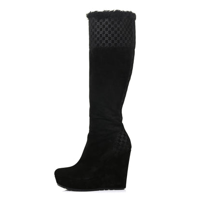 Gucci Suede Shearling Fur Microguccissima Courtney Tall Wedge Boots 36 Black 1 of 11