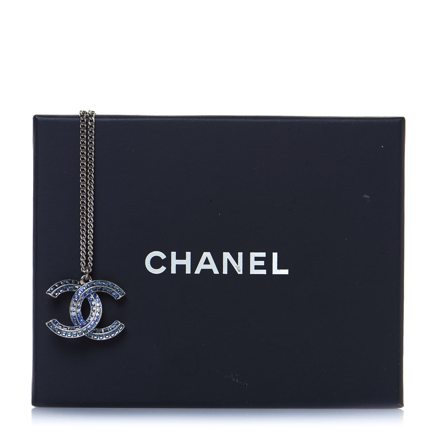 Chanel Crystal Baguette CC Necklace Silver Blue 7 of 7