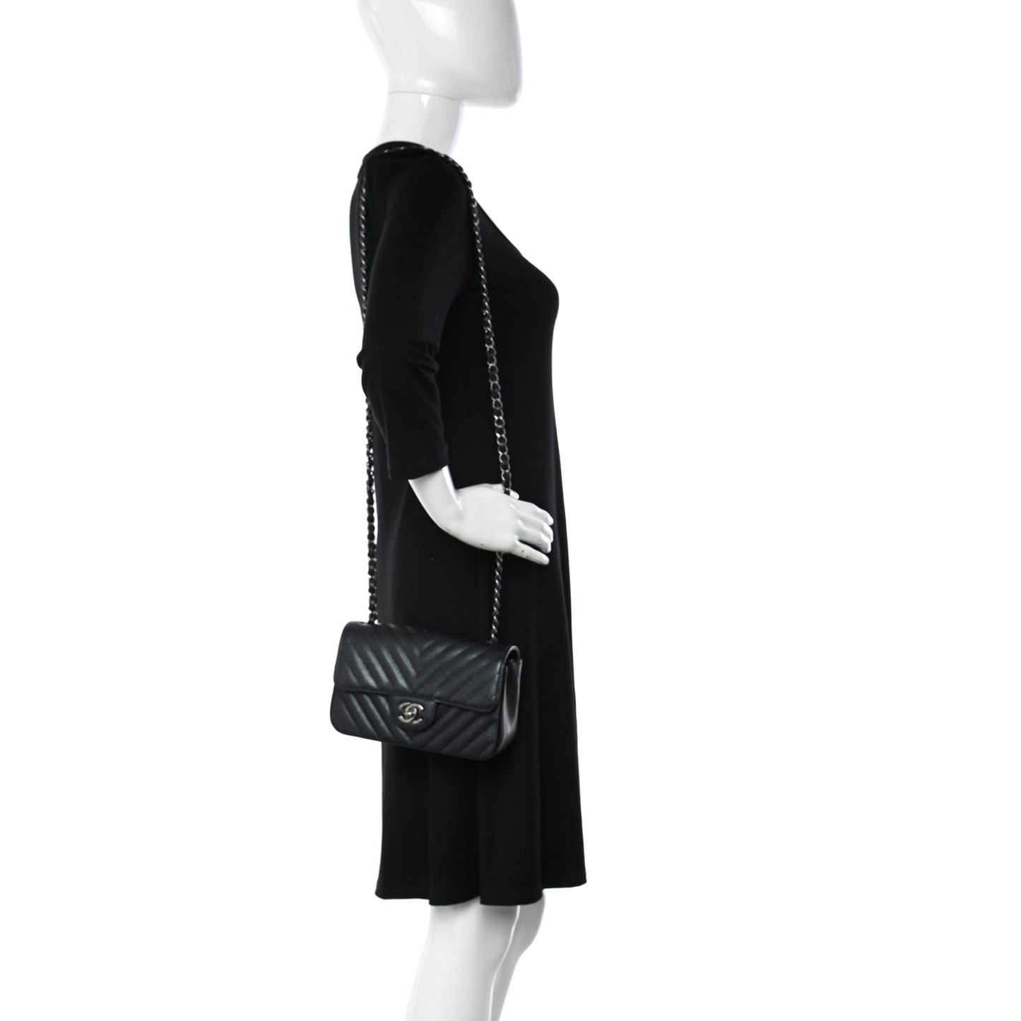 Metallic Caviar Chevron Quilted Mini Rectangular Flap Black