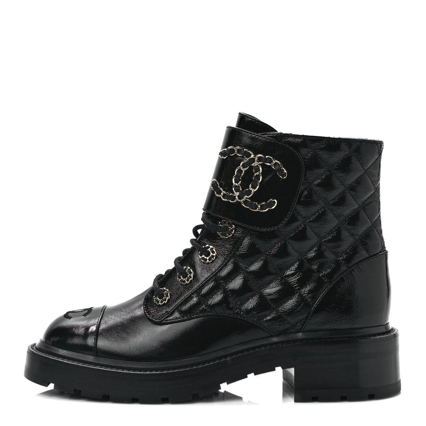 Shiny Calfskin Quilted Lace Up Combat Boots 37.5 Black