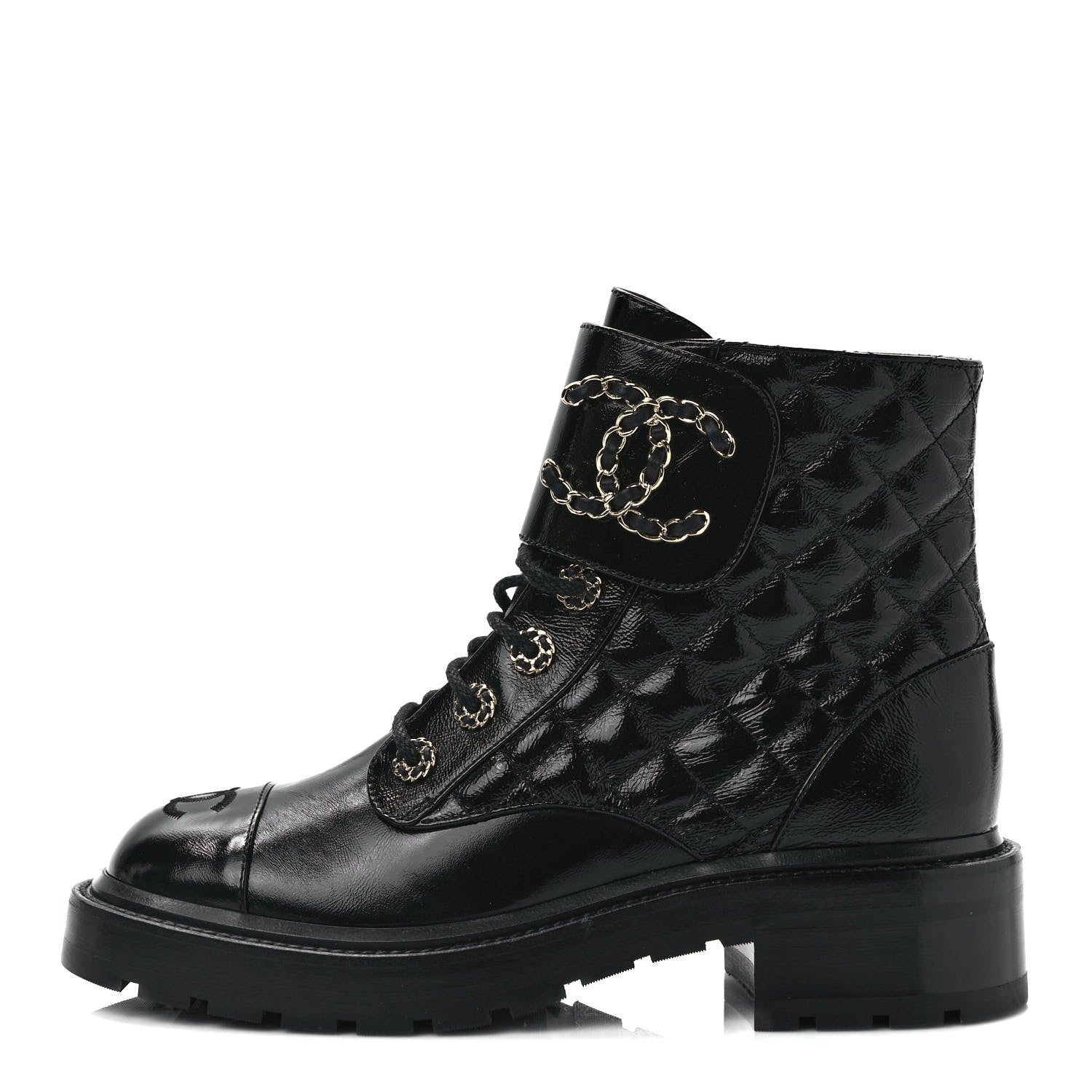 Chanel Shiny Calfskin Quilted Lace Up Combat Boots 37.5 Black 1 of 9