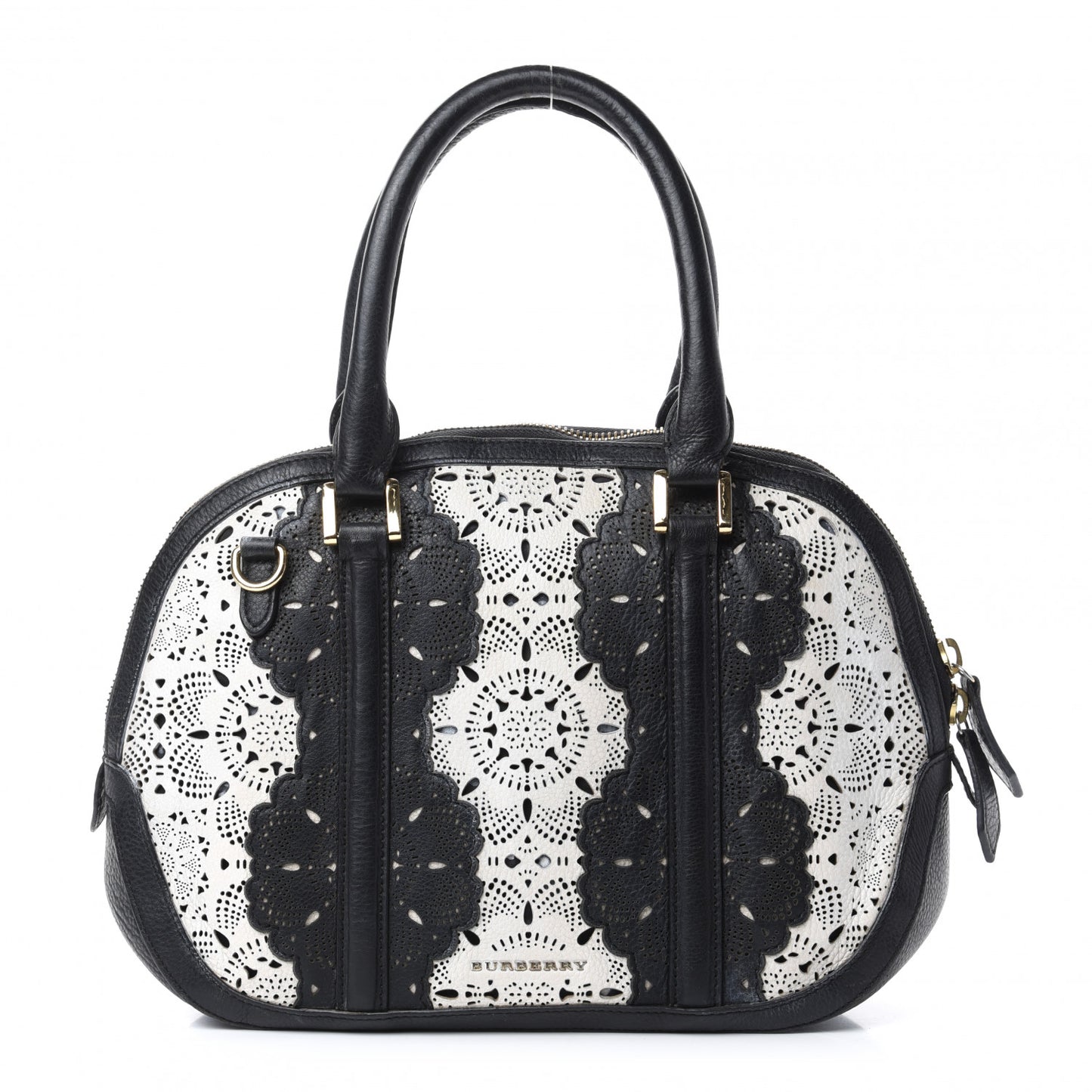 Calfskin Laser Cut Lace Small Orchard Bowling Bag Black White