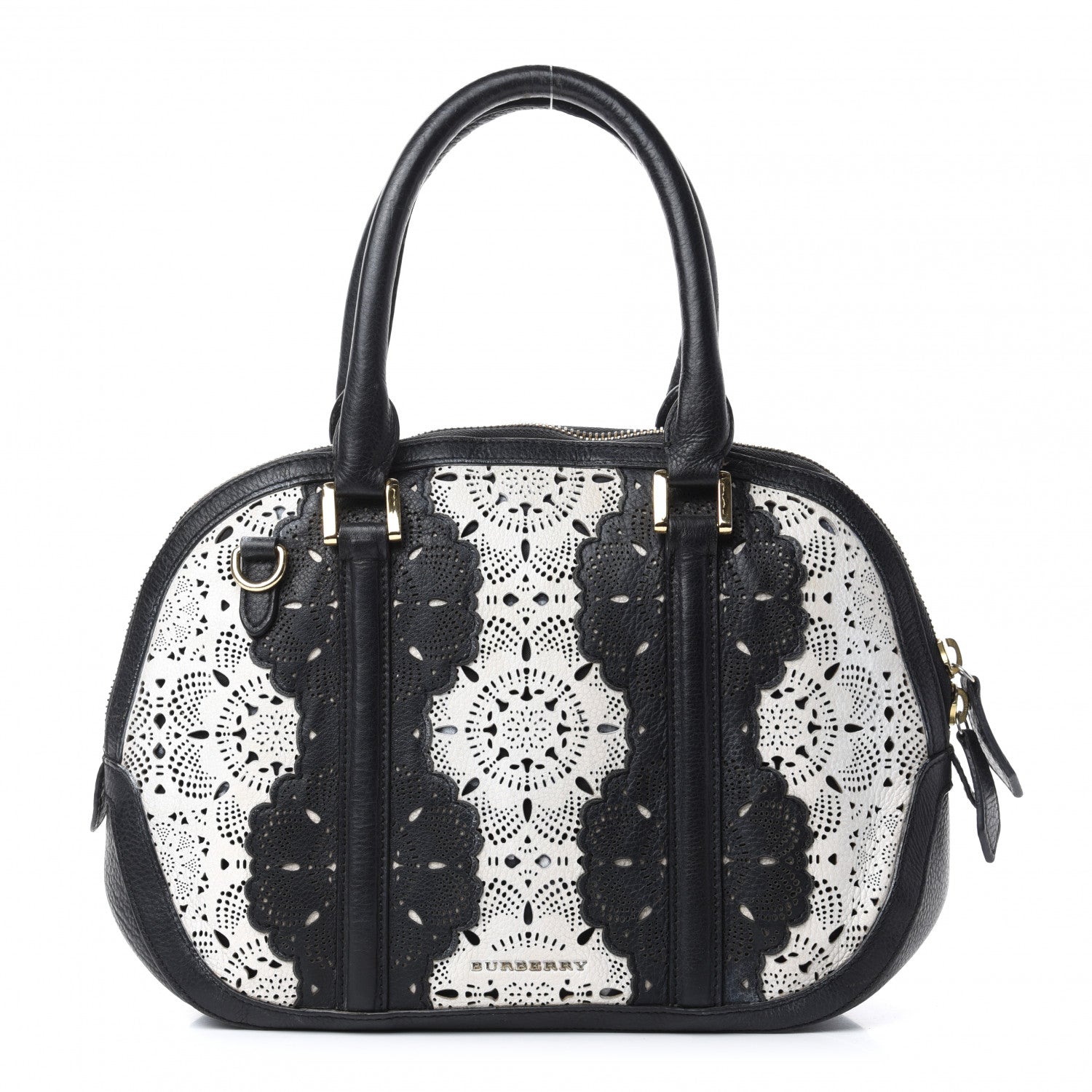 Burberry Calfskin Laser Cut Lace Small Orchard Bowling Bag Black White 1 of 11