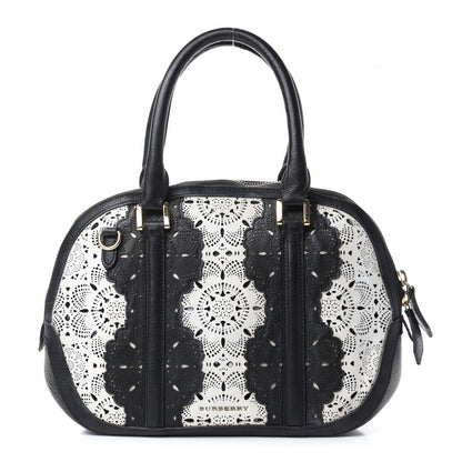 Burberry Calfskin Laser Cut Lace Small Orchard Bowling Bag Black White 1 of 11