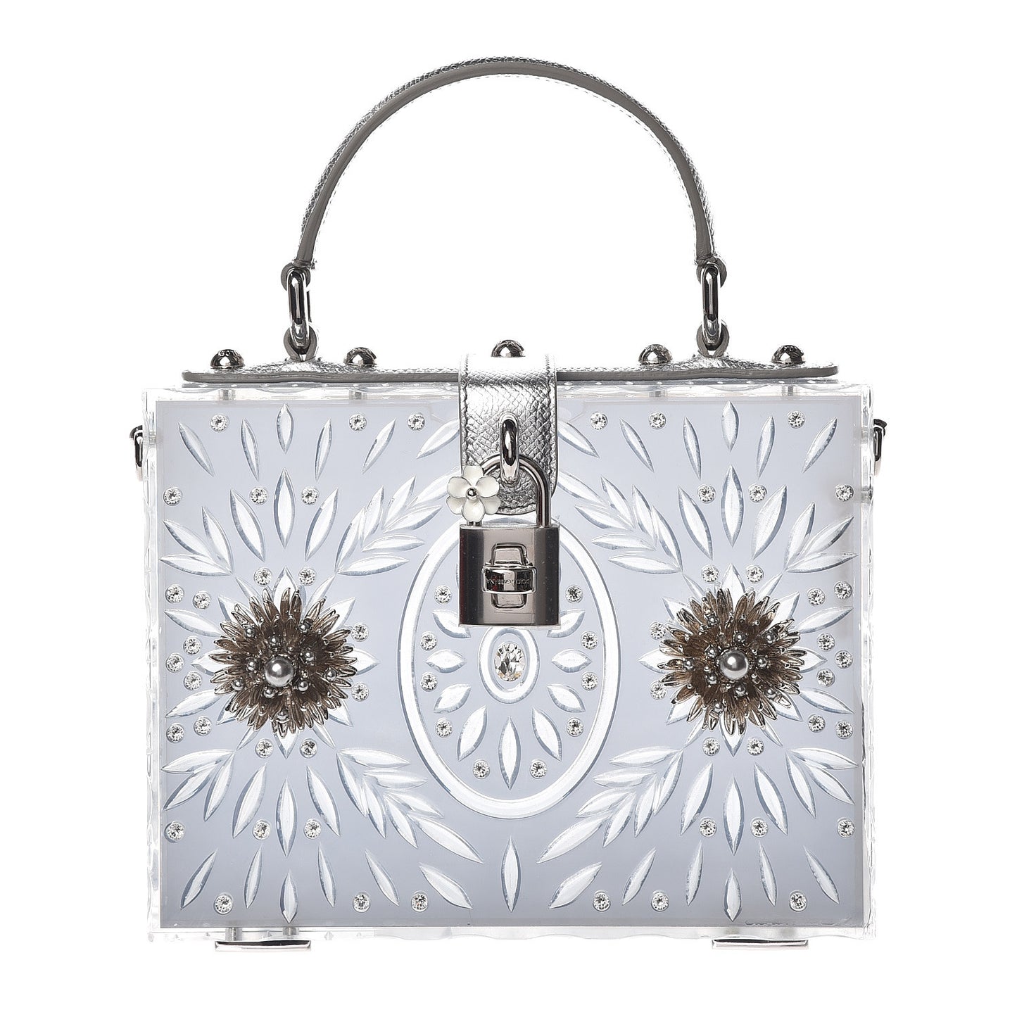 Plexiglass Embellished Metallic Dauphine Box Bag Argento