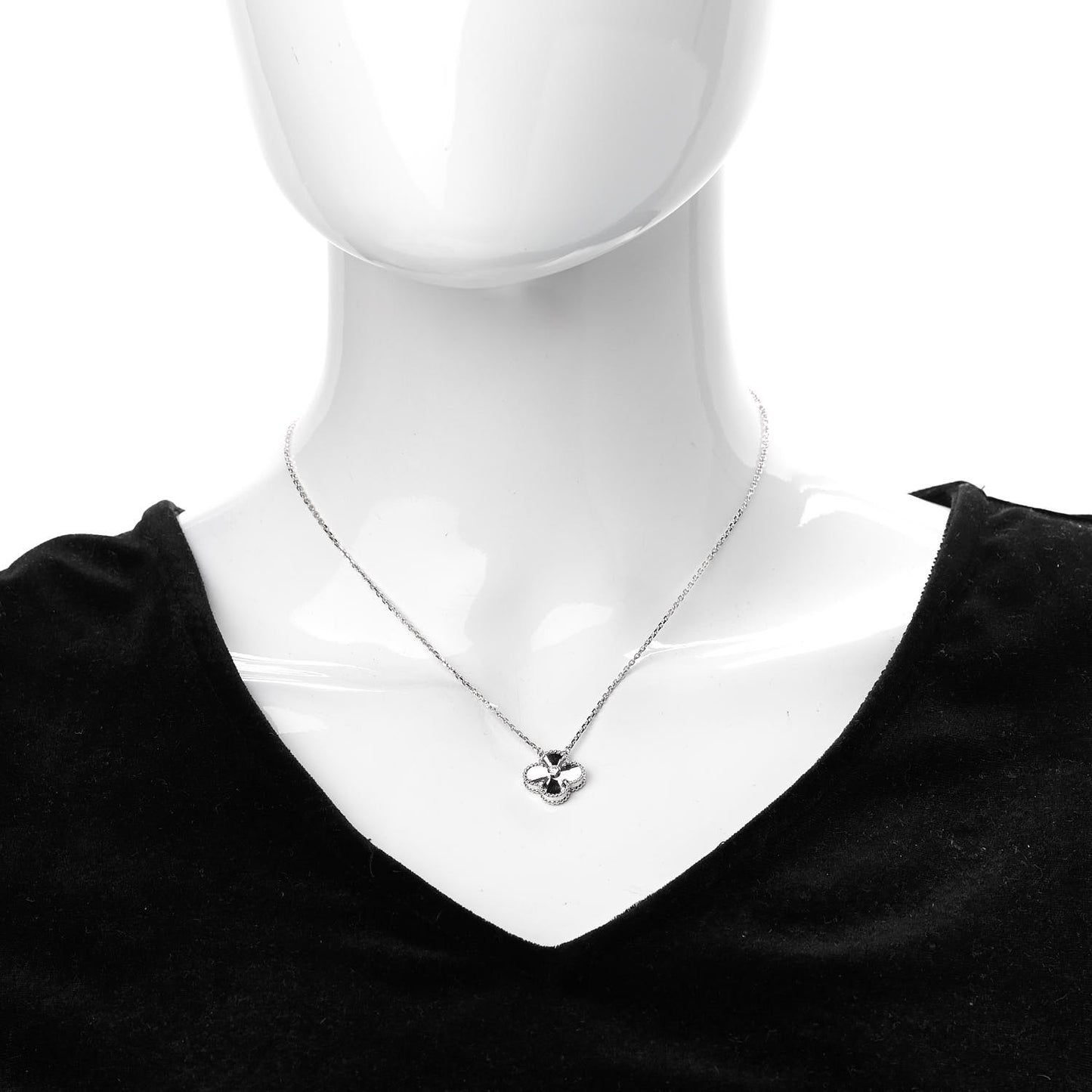 18K White Gold Diamond Guilloche Vintage Alhambra Pendant Necklace