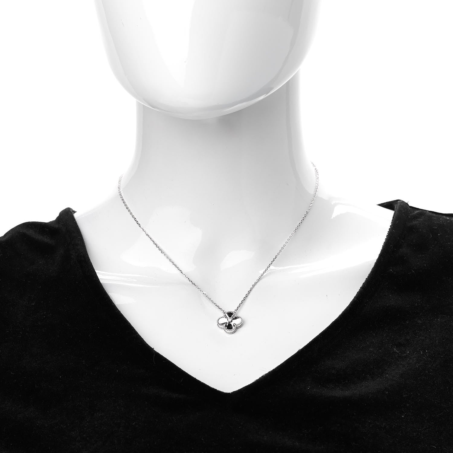 Van Cleef & Arpels 18K White Gold Diamond Guilloche Vintage Alhambra Pendant Necklace 2 of 7
