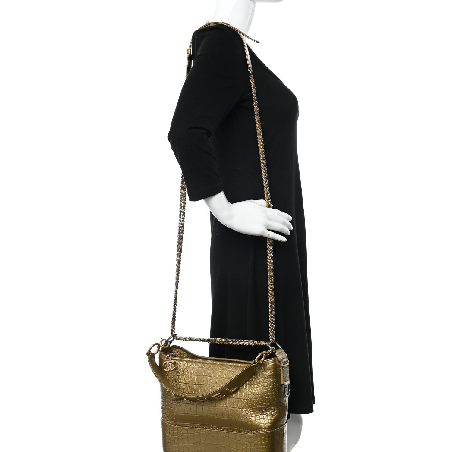 Chanel Metallic Calfskin Crocodile Embossed Medium Gabrielle Cocodile Hobo Gold 2 of 9