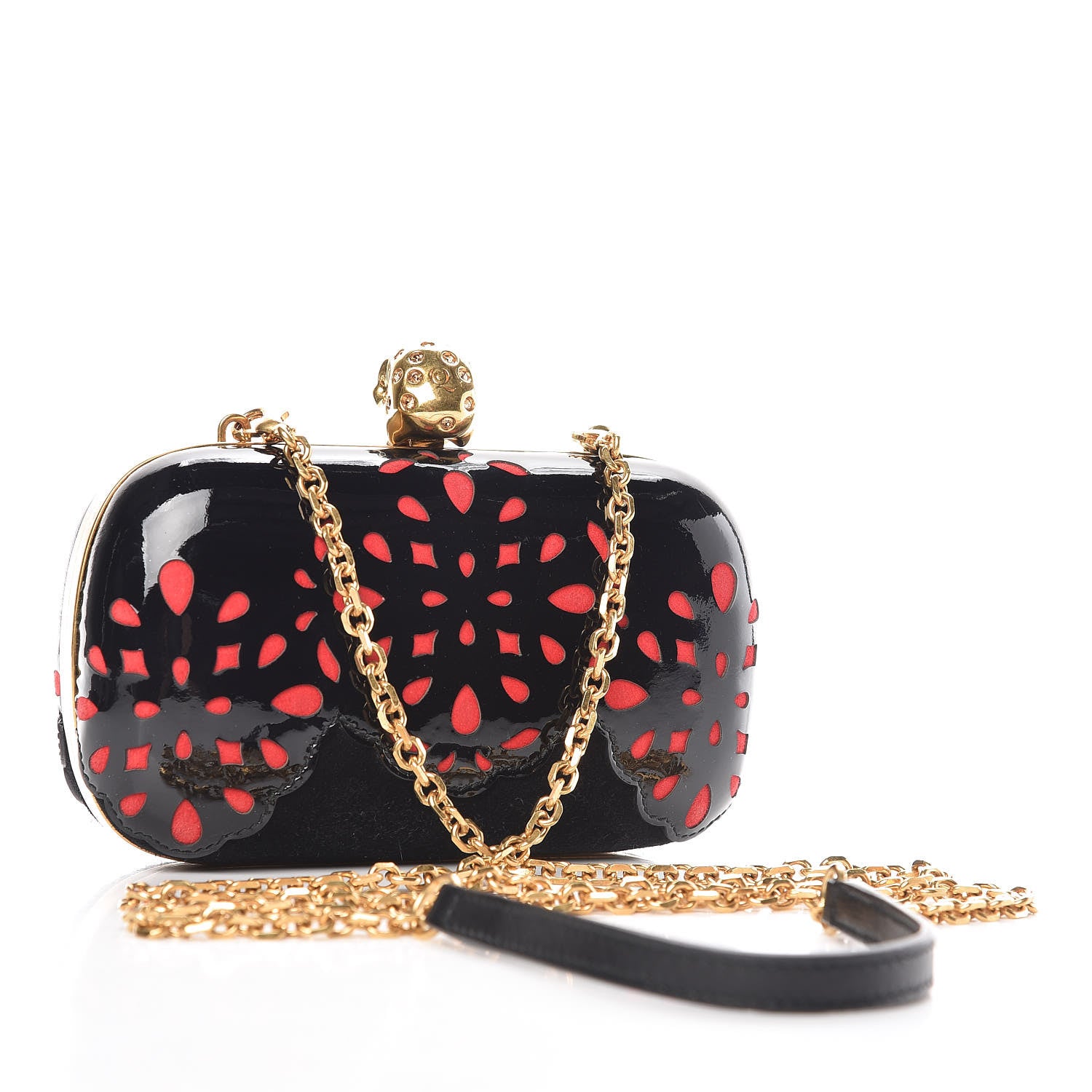 Alexander McQueen Patent Suede Skull Box Clutch Black Red 3 of 8