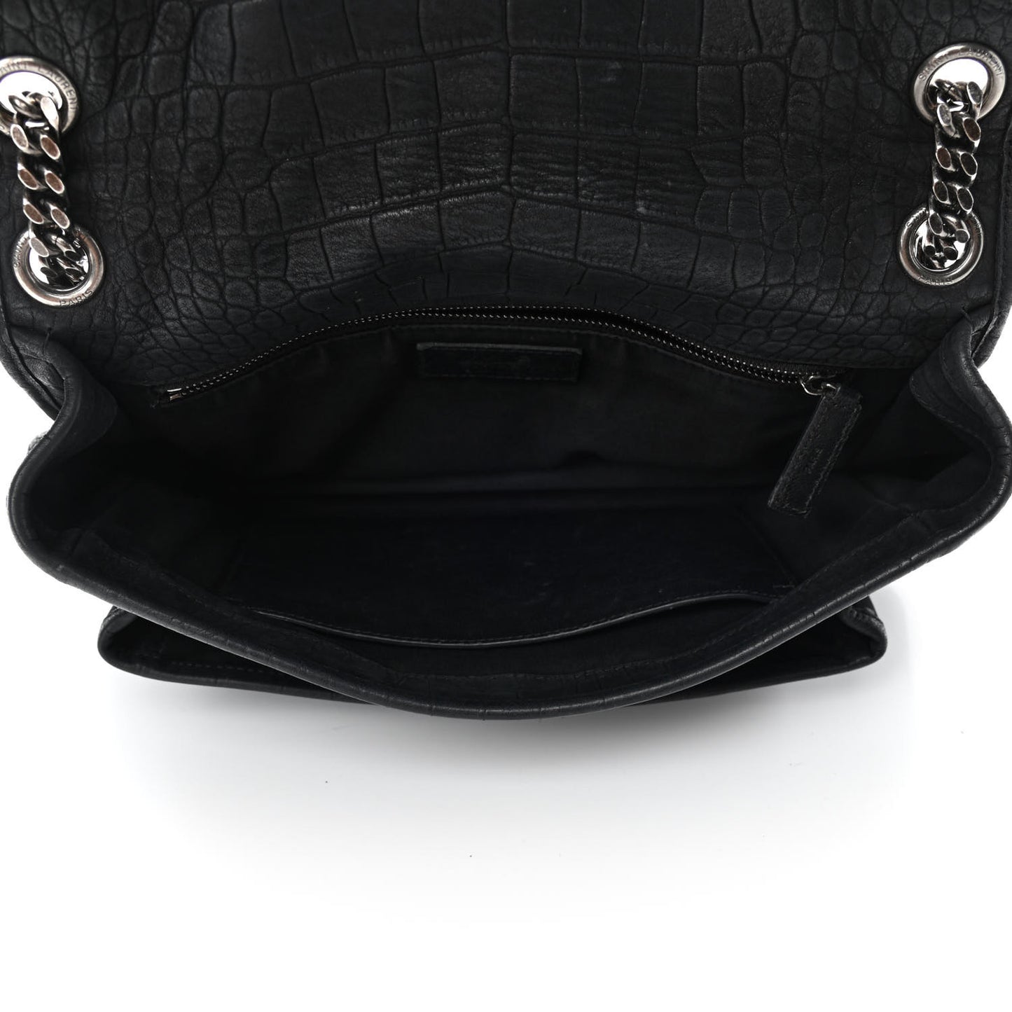 Crocodile Embossed Lambskin Monogram Medium Niki Chain Satchel Black