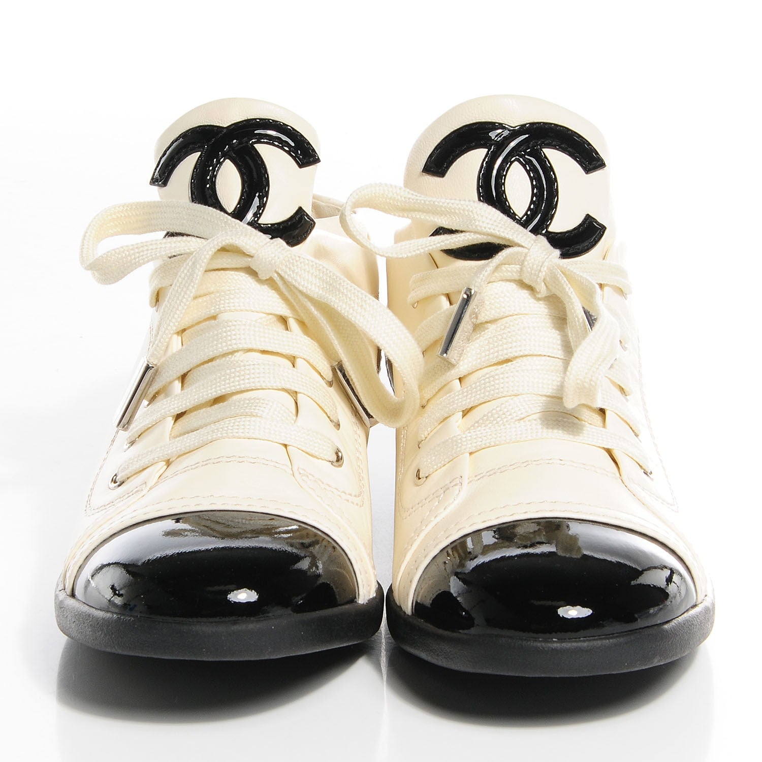 Chanel Lambskin Patent Cap Toe CC Sneakers 37.5 White Black 2 of 8