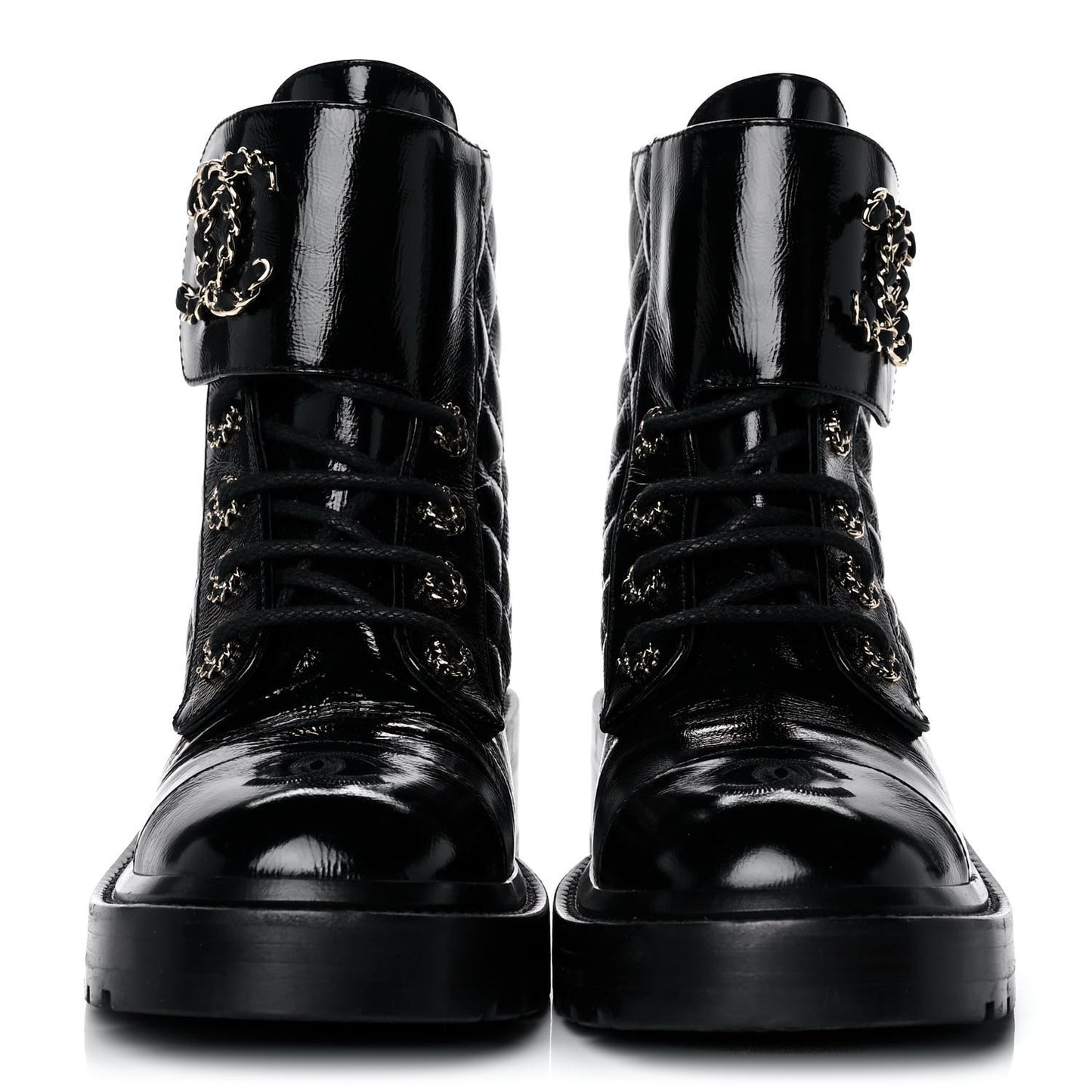Shiny Calfskin Quilted Lace Up Combat Boots 37.5 Black