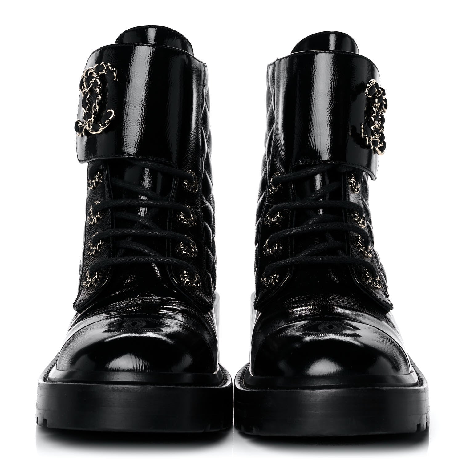 Chanel Shiny Calfskin Quilted Lace Up Combat Boots 37.5 Black 2 of 11