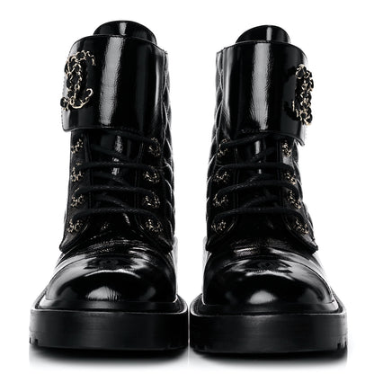 Chanel Shiny Calfskin Quilted Lace Up Combat Boots 37.5 Black 2 of 11