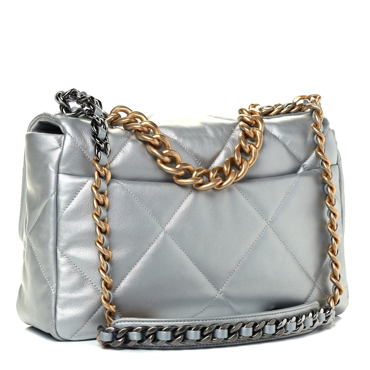 Metallic Goatskin Quilted Large Chanel 19 Flap Silver