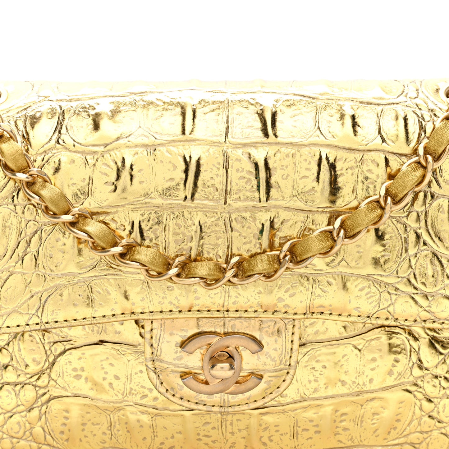 Metallic Calfskin Crocodile Embossed Cocodile Small Double Flap  Gold