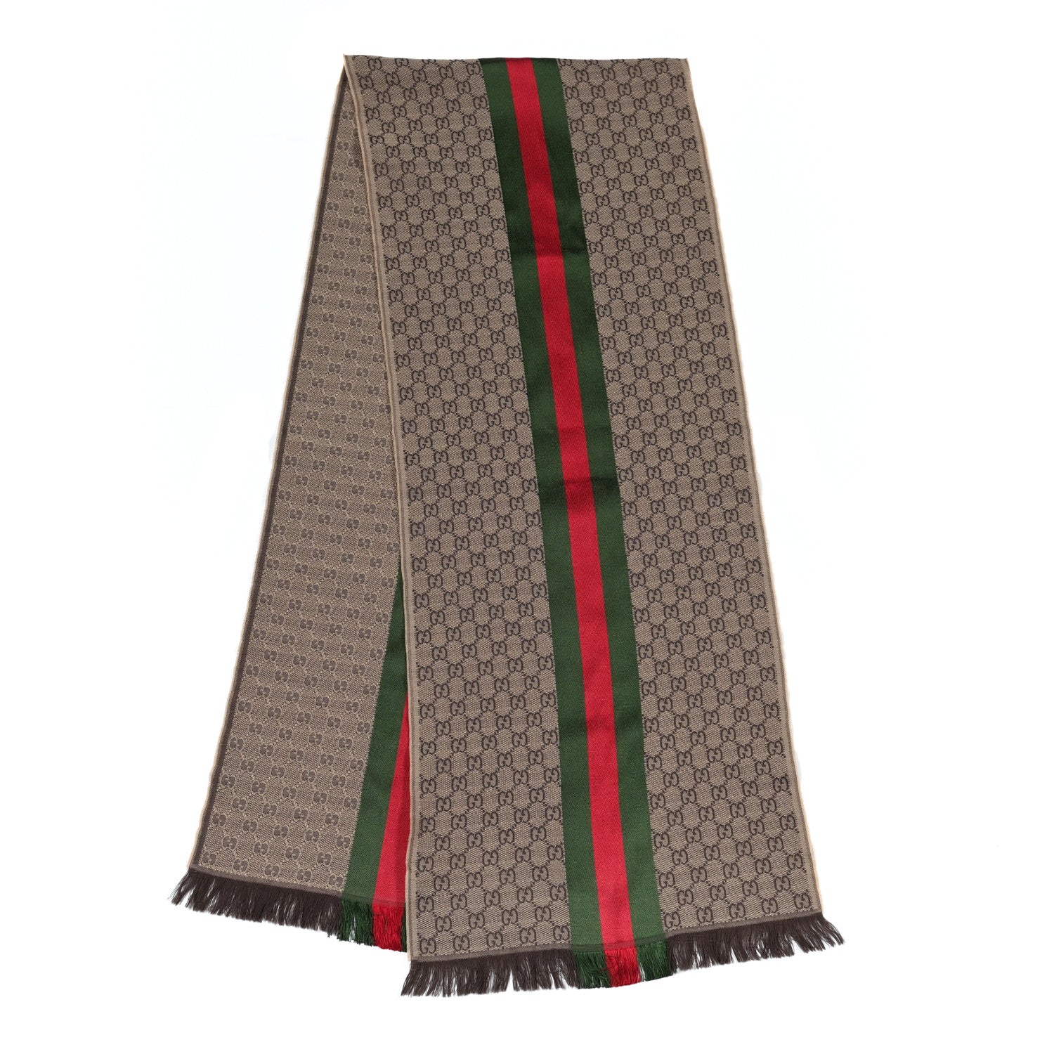 Gucci Wool Silk GG Monogram Web Verbier Fringe Scarf Light Brown Dark Green 2 of 5
