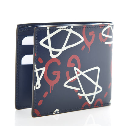 Gucci Calfskin GucciGhost Print Bi-Fold Wallet Blue Agata Hibiscus Red 3 of 8